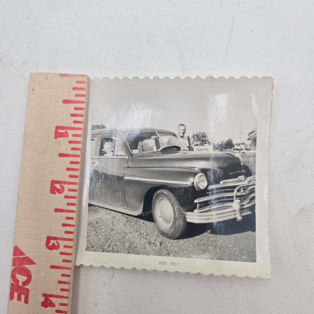 Vintage 1950s Plymouth Special Deluxe Photo Black White Car Snapshot July 1957